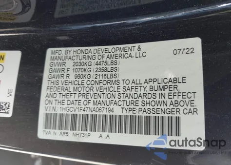 2022 Honda Accord Sport Special Edition из США, поврежденный, VIN 1HGCV1F47NA067194